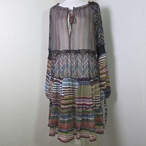 Desigual Multicolor Boho Patchwork Tiered Sheer Dress Size 42 (M/L)